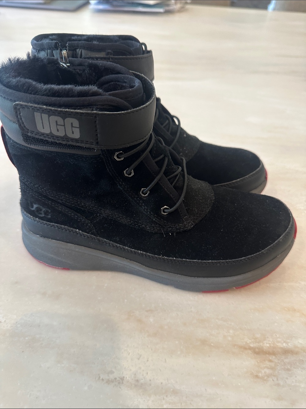 UGG Kids Black Suede Lace-Up Boot with Strap worn once
